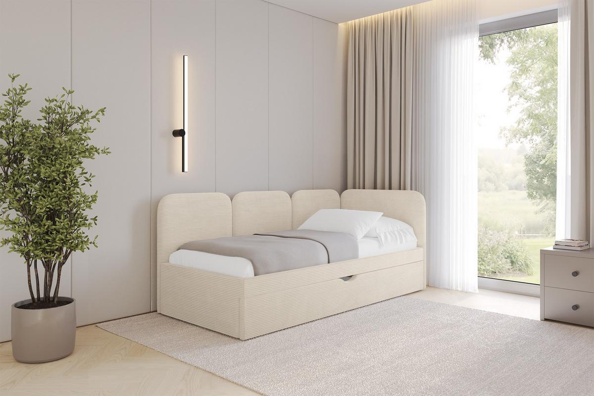 EINZELLBETT Jugendbett mit Bettkasten und Matratze H3/H4, Links - ALVY 90x200 Beige - Creme, Holzwerkstoff/Textil (90/200cm) - ALTDECOR