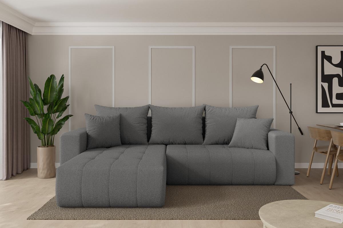 ECKSOFA mit Schlaffunktion Ottomane Links MILA-L 277x194x86 Grau Bouclé - Schieferfarben/Schwarz, Holzwerkstoff/Kunststoff (277/194cm) - ALTDECOR