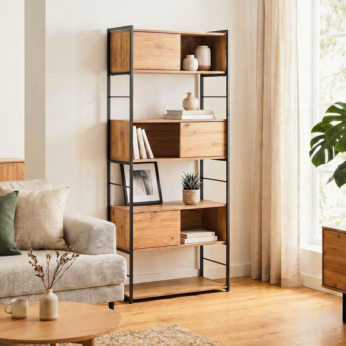 BÜCHERREGAL mit 3 Schiebetüren 40/196,5/80 cm - Eschefarben, Holzwerkstoff (40/196.5/49cm) - Calicosy