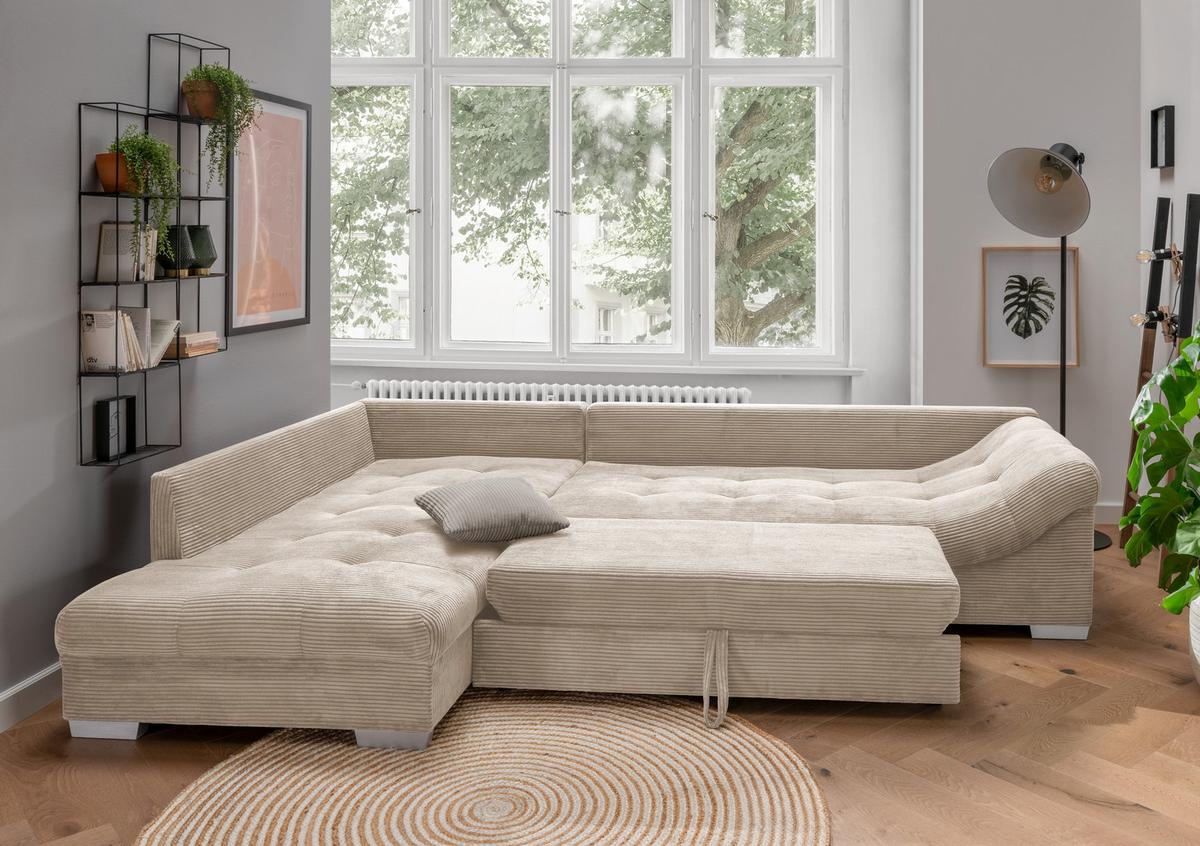 ECKSOFA mit Schlaffunktion, Wellenunterfederung, Ottomane links B298/T202/H84 cm, Liegefl. 154x227 cm, Cord Beige / 17204 - Beige/Silberfarben, Holzwerkstoff/Textil (298/202cm) - luma-home