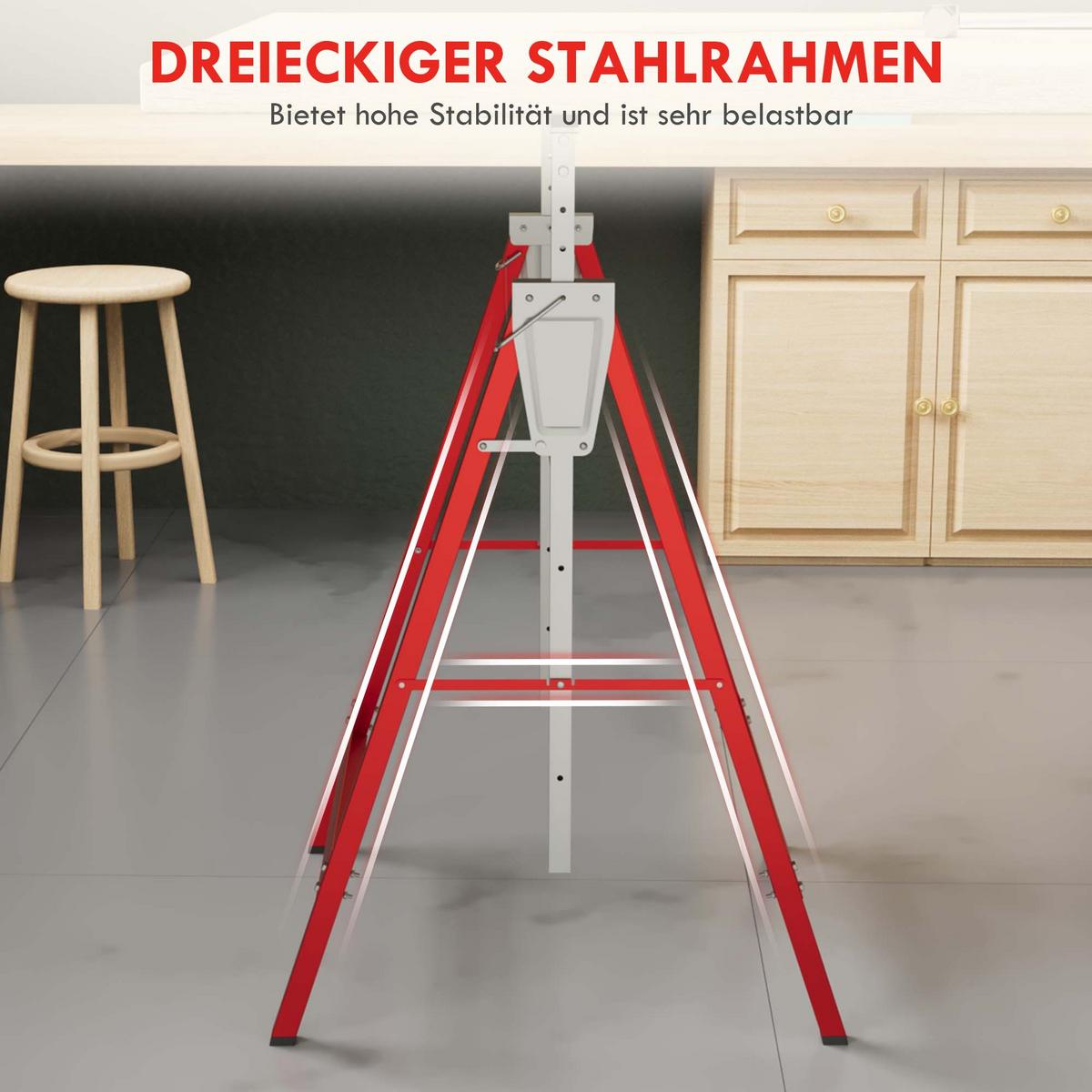 2 x Gerüstbock höhenverstellbar Unterstellbock Klappbock bis 200kg Stahl Rot - Rot, Metall (68/58/130cm) - HOMCOM