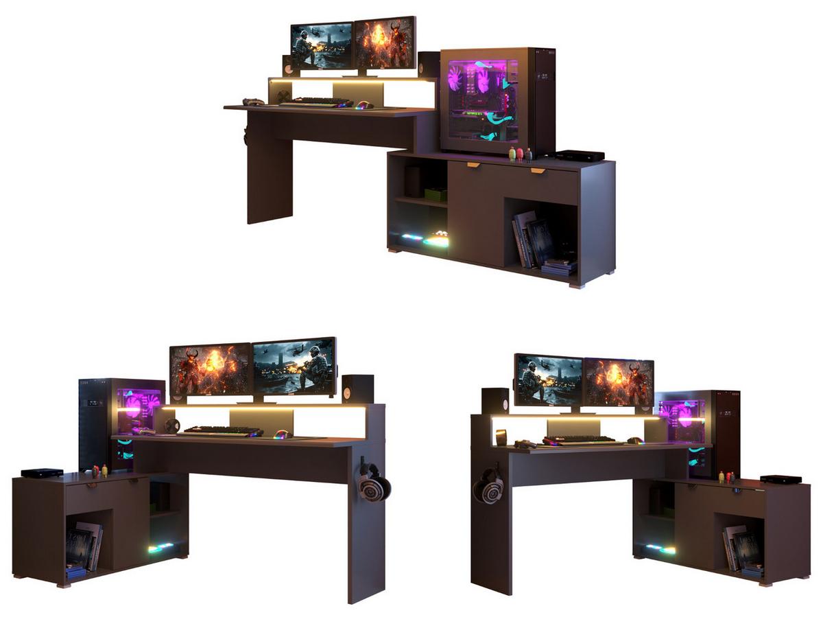 GAMINGTISCH schwarz, grau 229 cm, Gamer Winkelschreibtisch inkl. LED mit Farbwechsel - Schwarz/Grau, Holzwerkstoff/Kunststoff (60/229/95cm) - Parisot Meuble