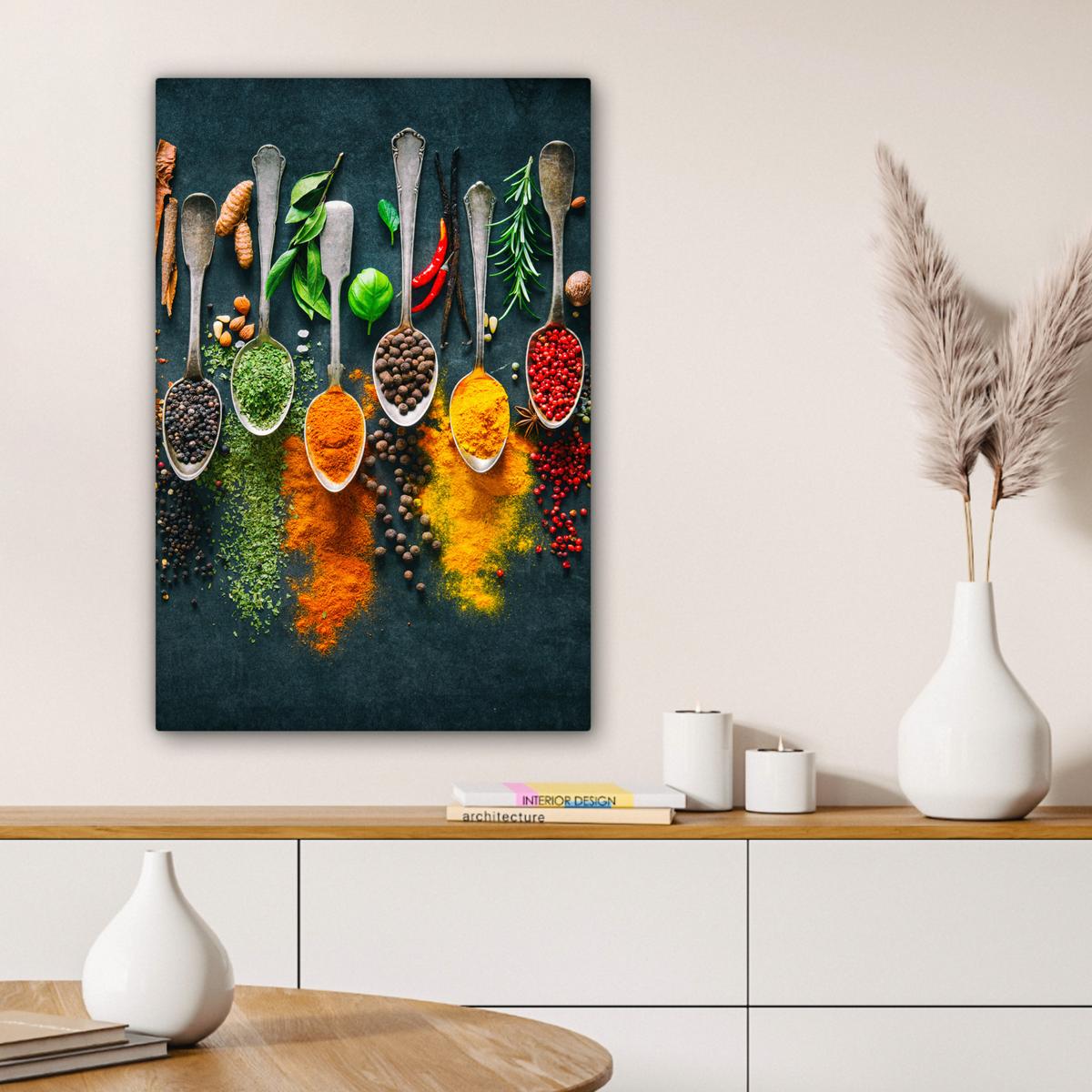 LEINWANDBILD Kräuter - Gewürze - Löffel Wanddeko Schlafzimmer 60x90 cm - Currygelb, Textil (60/90cm) - MuchoWow