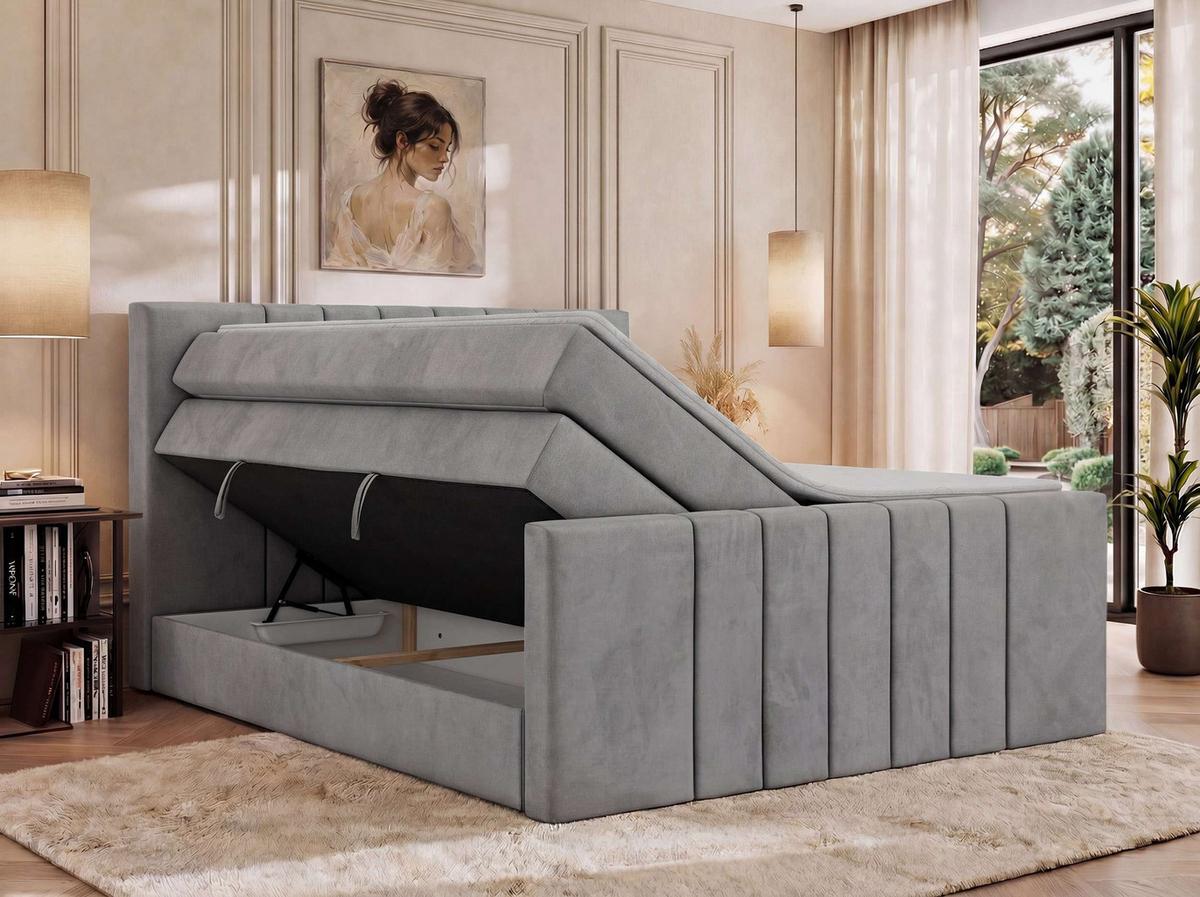 BOXSPRINGBETT INERO DUO KING 200/200 - Hellgrau Velvet - Topper Visco - H4 - Hellgrau/Schwarz, Kunststoff/Textil (200/200cm) - MKS