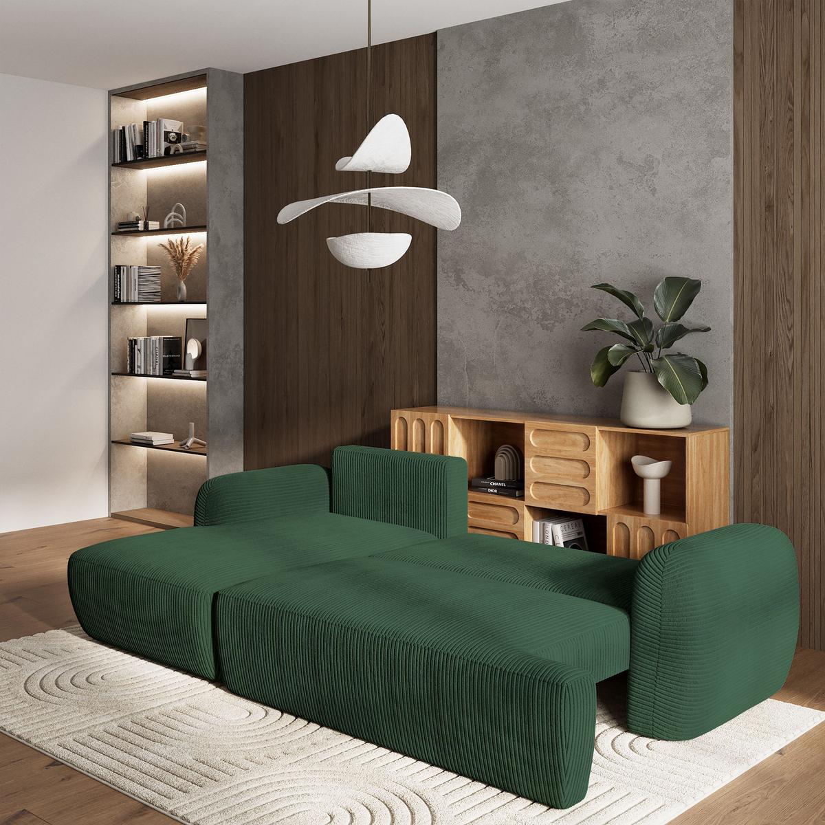 ECKSOFA MODENZA P L-S Grün Kordstoff mit Schlaffunktion - Schwarz/Grün, Holz/Kunststoff (266/148cm) - MASSENO
