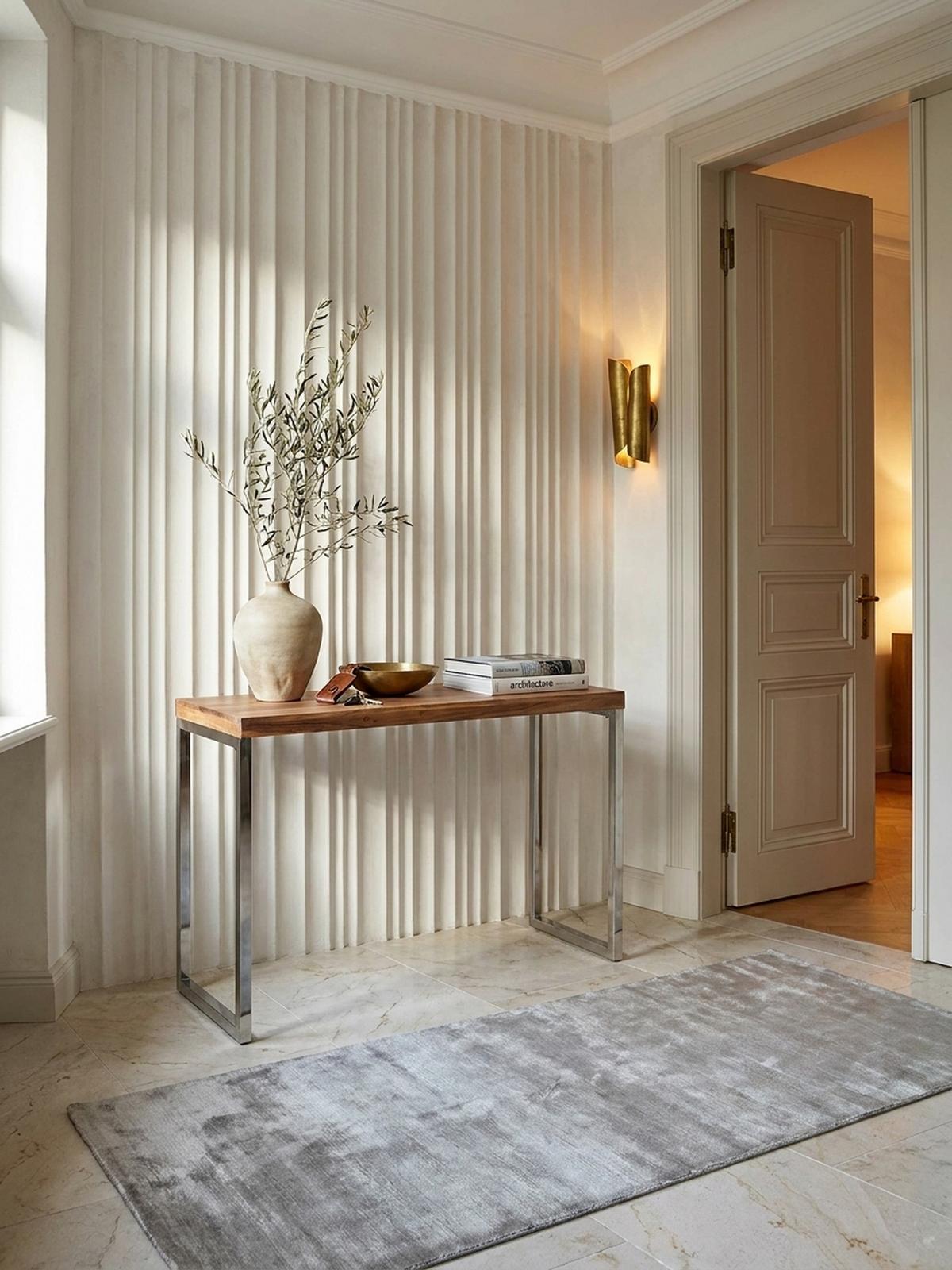 KONSOLENTISCH Massivholz Chromgestell Handgefertigt ISEN, Beige 120x45x77 cm - Beige/Silberfarben, Holz/Metall (45/120/77cm) - KADIMA DESIGN