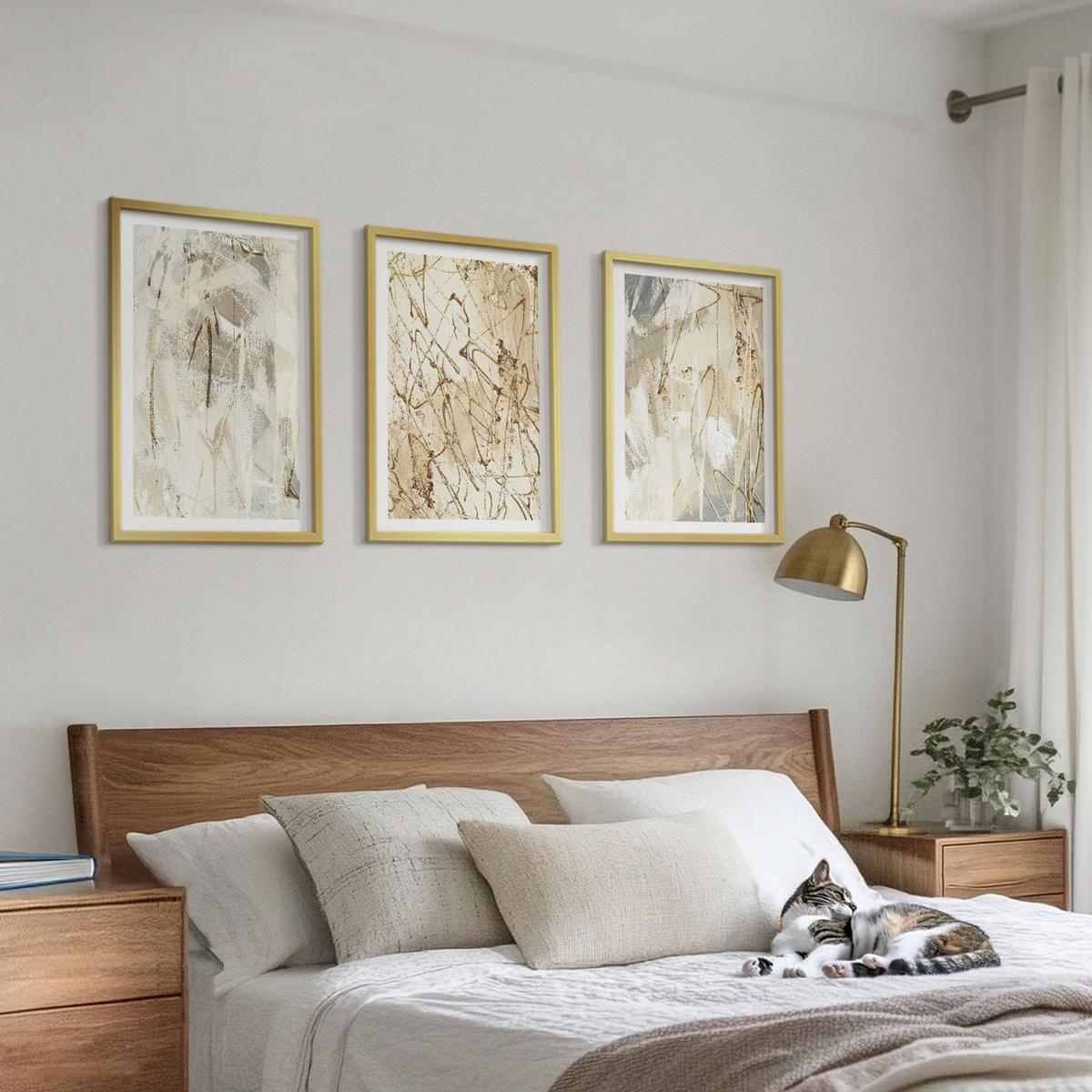 BILDER SET 3er Set - 40x60 cm Goldrahmen - Abstrakte Muster in Beige und Grau - Goldfarben, Kunststoff (40/60cm) - TULUP