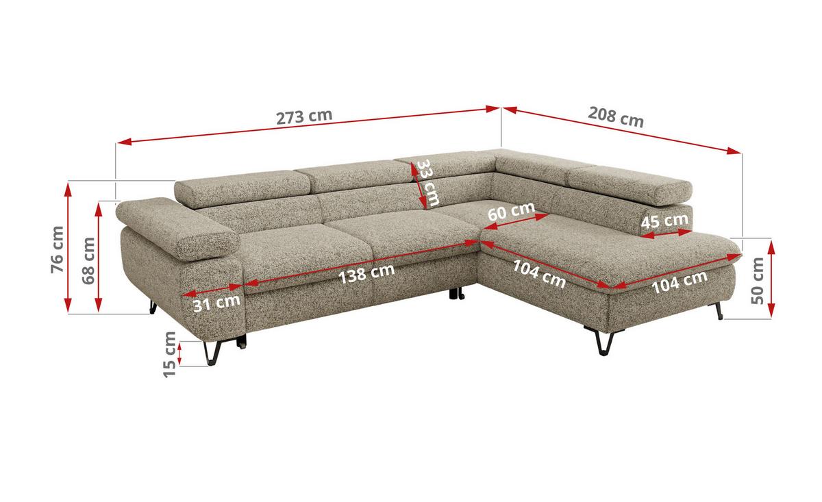 ECKSOFA PABLO L Beige Struktur - Rechts Seite - Beige/Schwarz, Textil/Metall (273/208cm) - MKS