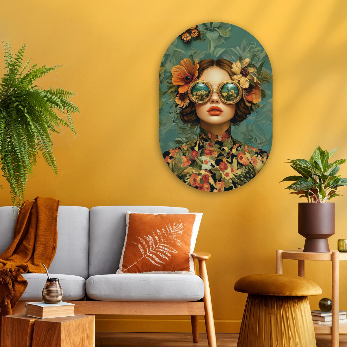 WANDBILD Frau - Blumen - Schmetterlinge - Natur - Vintage Wanddeko Schlafzimmer 60x90 cm - Petrol, Kunststoff (60/90cm) - MuchoWow