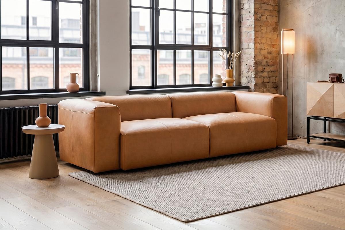 SOFA CELESTE Braun Leder - Schwarz/Braun, Leder/Kunststoff (302/114cm) - KAWOLA