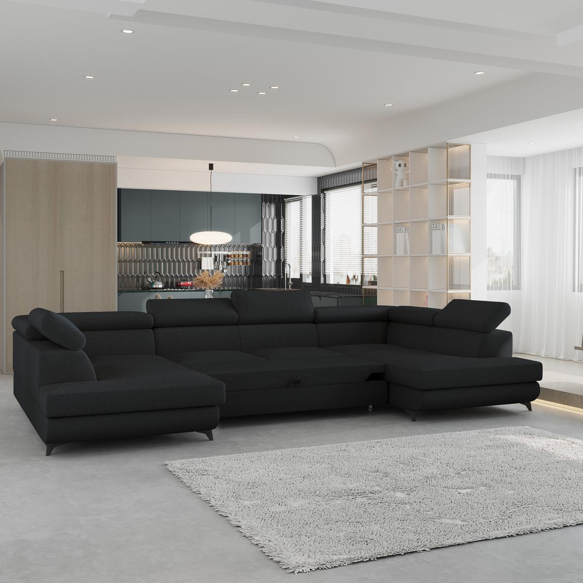 WOHNLANDSCHAFT VINTESSA Schwarz Boucle-Stoff mit Schlaffunktion - Schwarz, Holz (323/89/190cm) - MASSENO