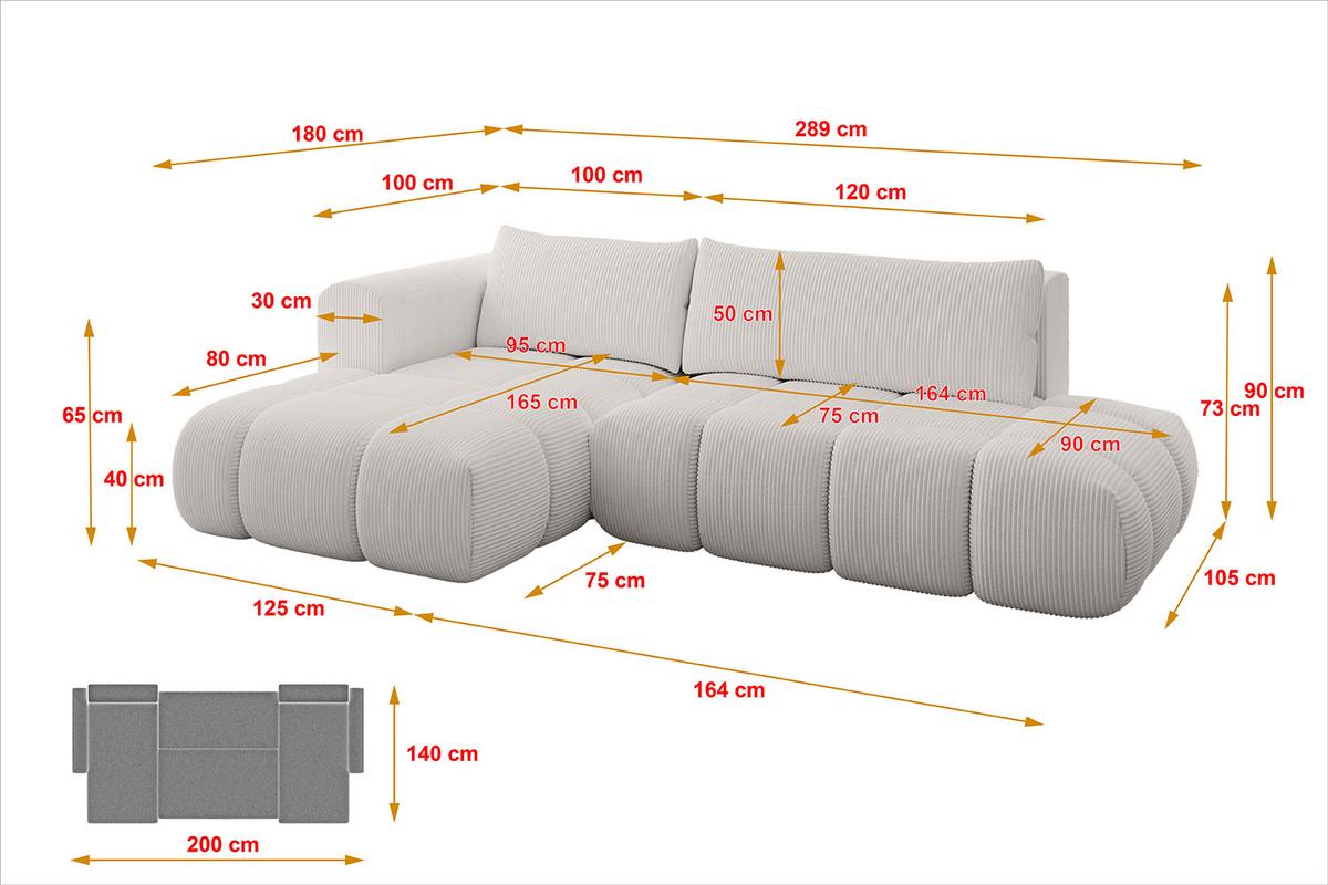 ECKSOFA Ottomane Links CLOUD-L 280x185x90 Creme Cord - Hellgrau/Creme, Holzwerkstoff/Kunststoff (180/289cm) - ALTDECOR