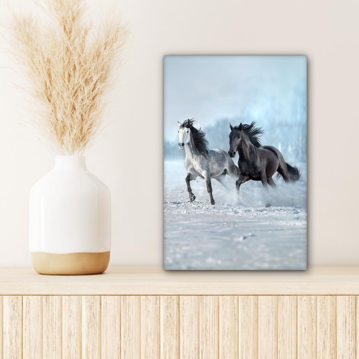LEINWANDBILD Pferde - Winter - Tiere - Natur - Schnee Deko Wohnzimmer 20x30 cm - Anthrazit, Textil (20/30cm) - MuchoWow