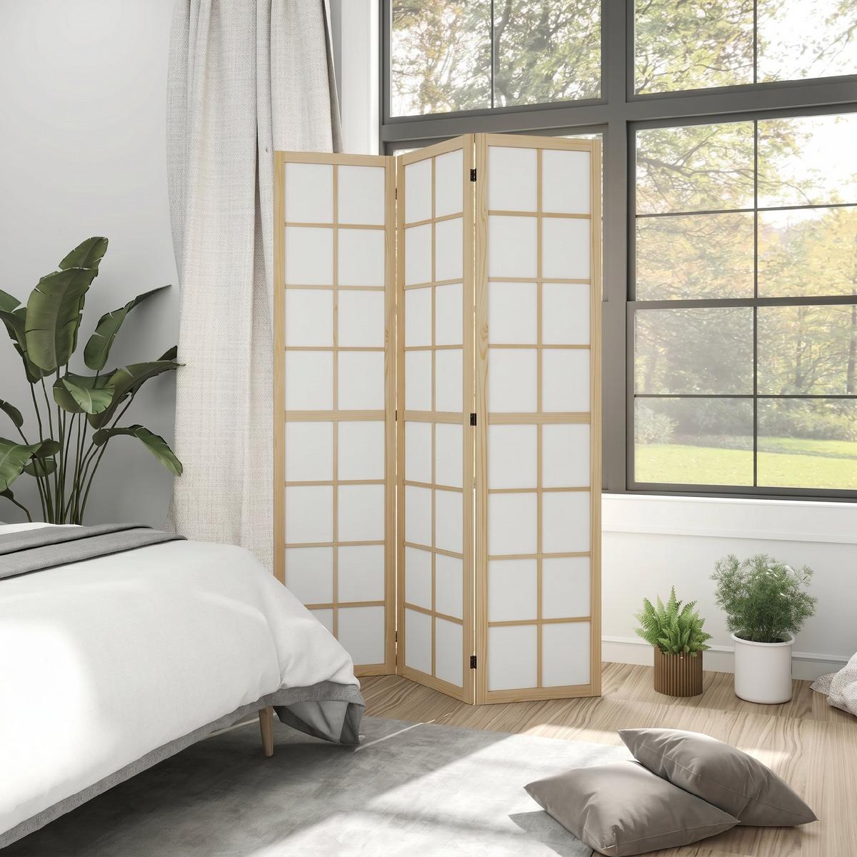 PARAVENT Kiefernholz Vliesstoff Naturholz - Naturfarben, Holz/Textil (1.7/170/120cm) - HOMCOM