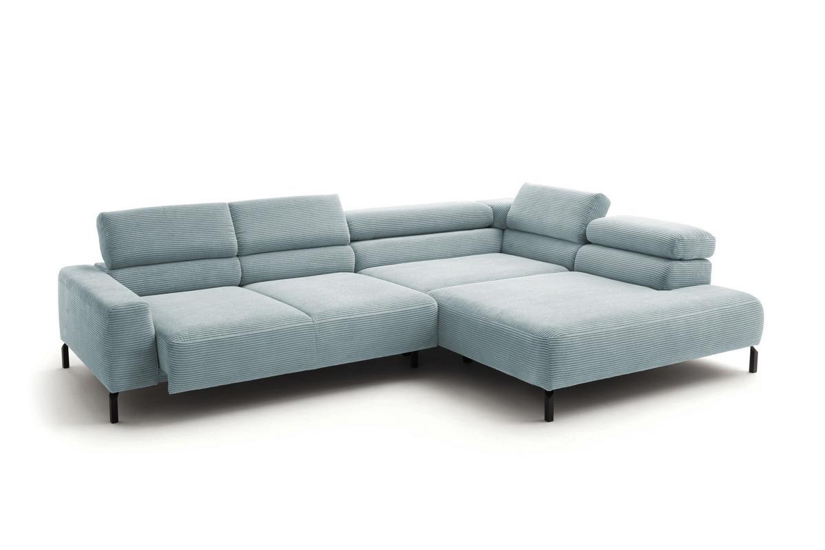 ECKSOFA DELIA Hellblau Cord Relaxfunktion - Schwarz/Hellblau, Textil/Metall (276/219cm) - KAWOLA
