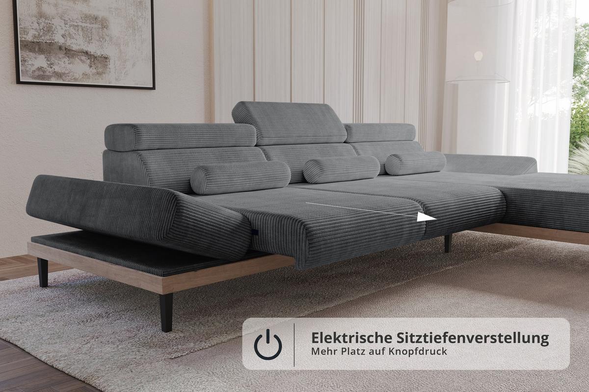 ELEKTRISCHES ECKSOFA Rechts MONA 316x205x85 Dunkelgrau Cord - Dunkelgrau, Holzwerkstoff/Textil (316/205cm) - ALTDECOR