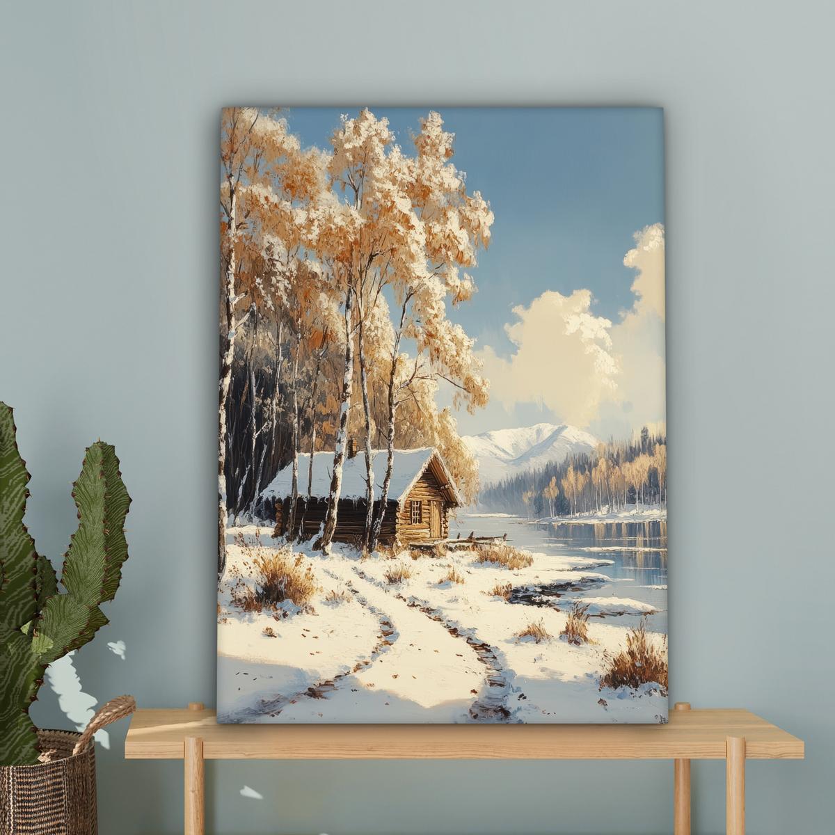LEINWANDBILD Winter - Schnee - Zuhause - Natur Wandbild Wohnzimmer 60x80 cm - Hellbraun, Textil (60/80cm) - MuchoWow