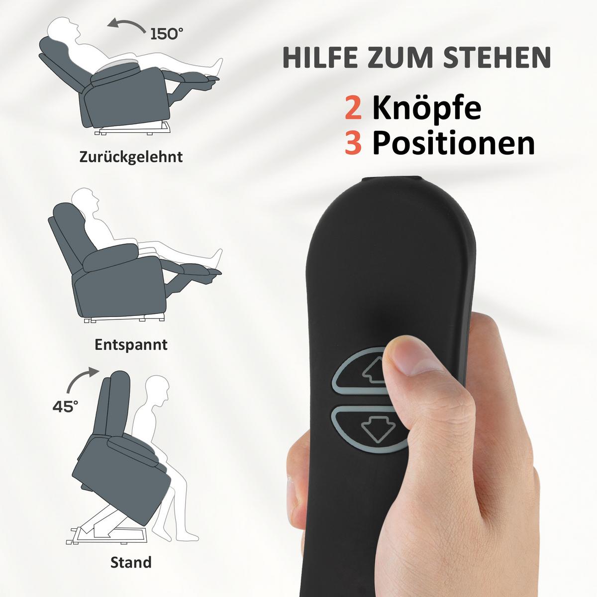 FERNSEHSESSEL mit Aufstehhilfe Elektrisch Liegefunktion Samt - Schwarz/Grau, Textil/Metall (92/105/94cm) - HOMCOM