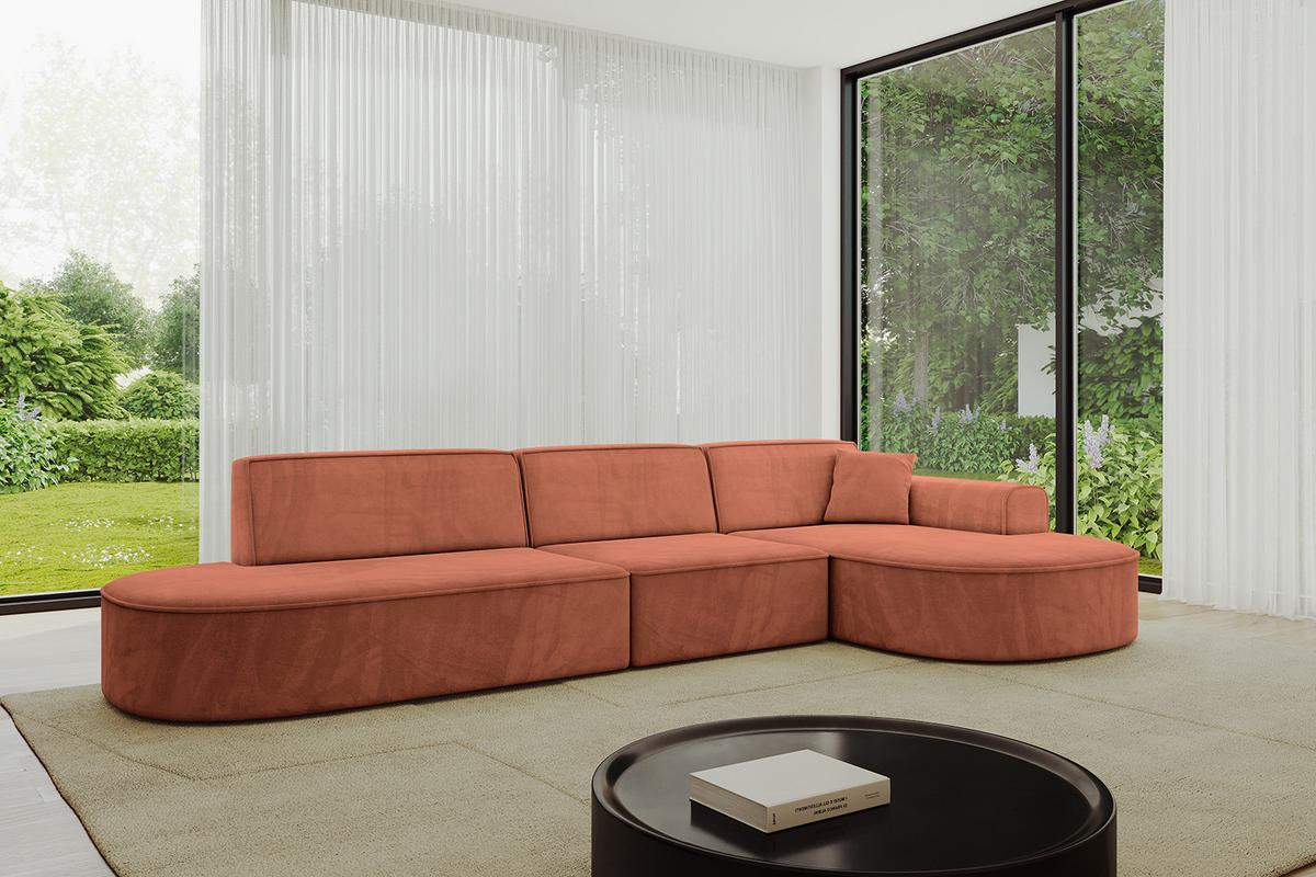 ECKSOFA Ottomane Rechts MARI-L2 - 328x171x79 cm Koralle Velours - Koralle/Schwarz, Holzwerkstoff/Kunststoff (171/328cm) - ALTDECOR