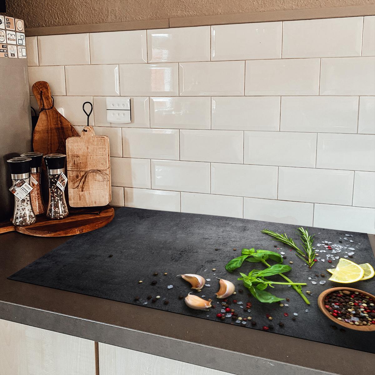HERDABDECKPLATTE Limette - Kräuter - Gewürze - Grün - Grau - Beton Ceranfeldabdeckung 85x52 cm - Grün, Kunststoff (85/52/0.2cm) - MuchoWow