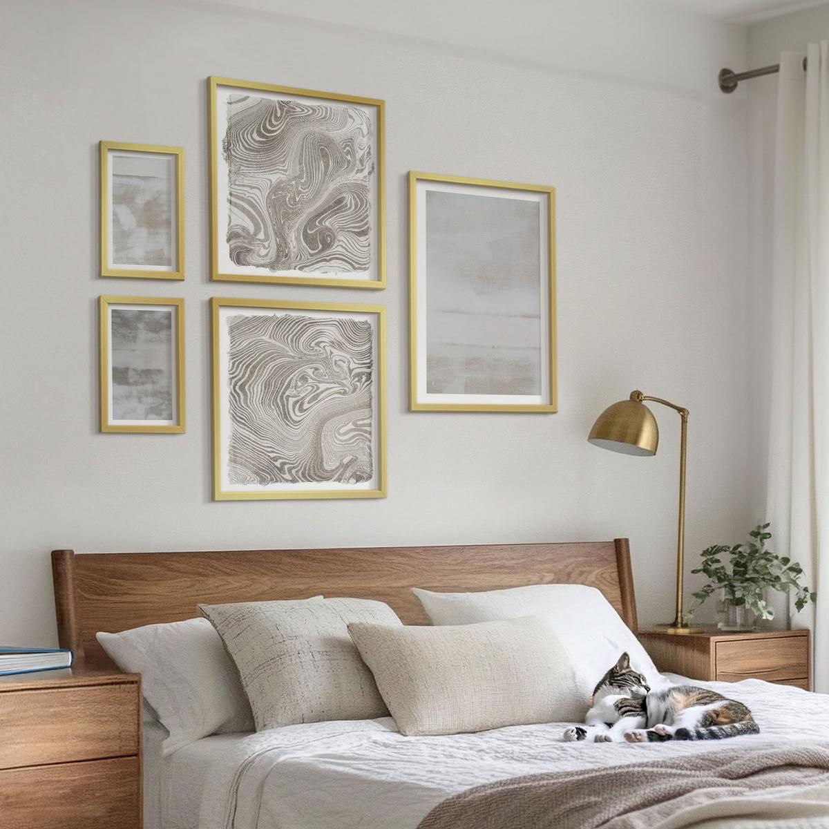BILDER SET 5er Set - 50x50 cm & 20x30 cm & 40x60 cm Goldrahmen - Abgenutzte Texturen, moderner Stil - Goldfarben, Kunststoff (40/60cm) - TULUP