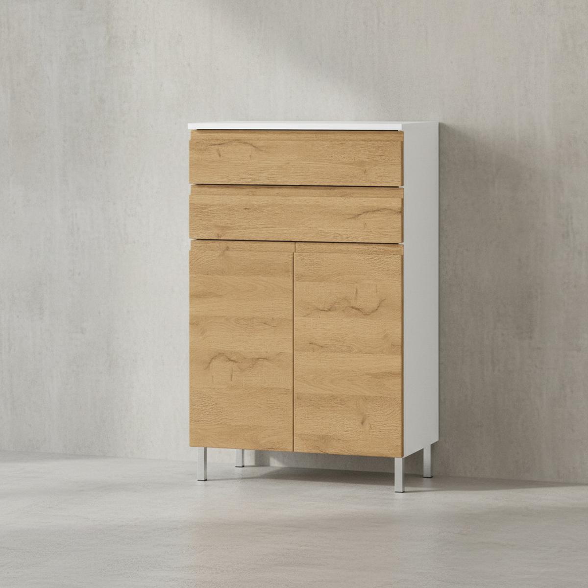 BADSCHRANK Weiß und Eiche Grandson 60x97x34 cm mit Schubladen, Chromfüßen und griffloser Front VEER - Braun, Holz/Metall (60/97/34cm) - KADIMA DESIGN