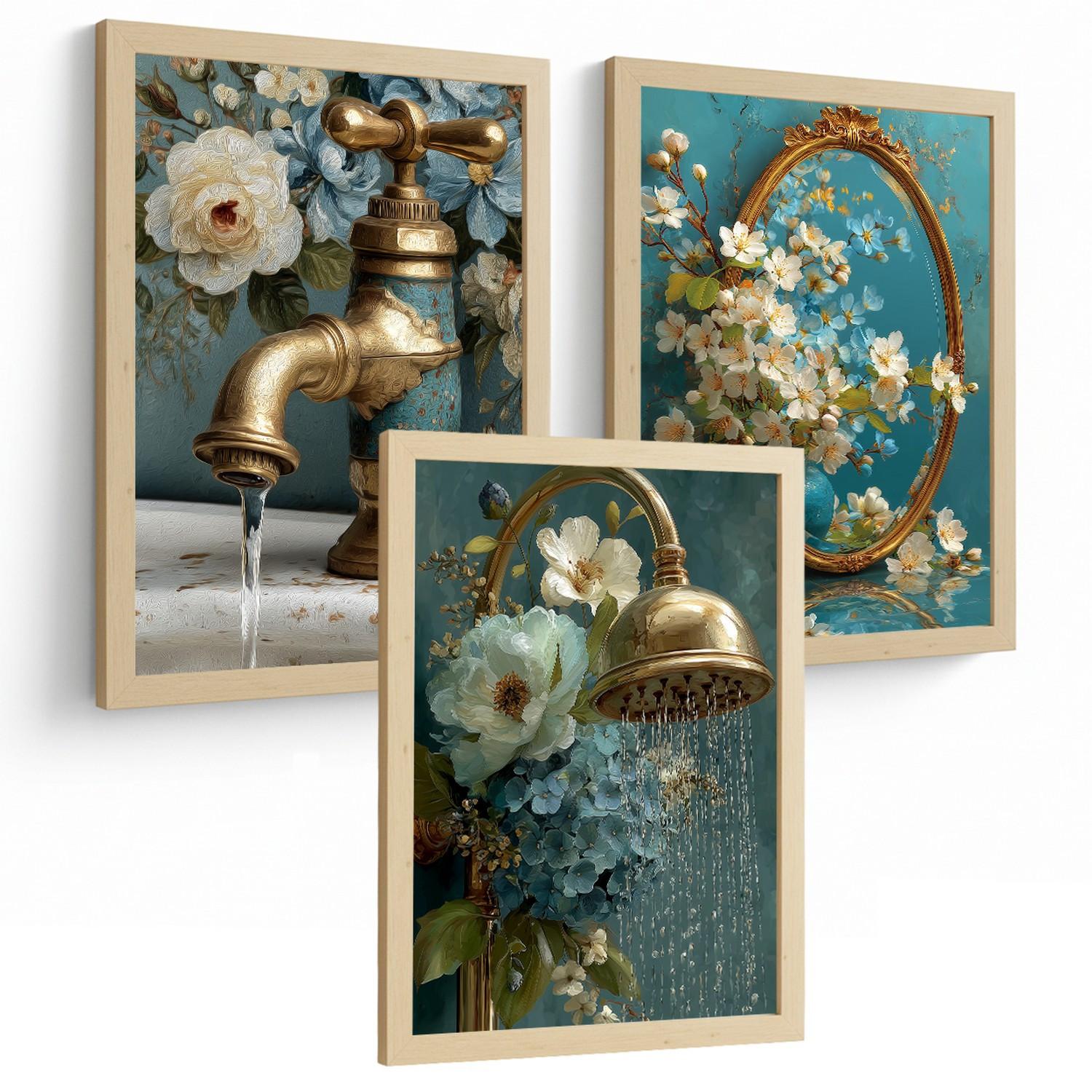POSTER 3er-Set dekorative Badezimmer-Poster, elegante für Wand, Waschbecken, Dusche, mit Armatur, Spiegel und goldener Dusche Leichter Holzrahmen A3 - Beige, Papier (42/29.7/3cm) - Nacnic