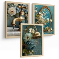 POSTER 3er-Set dekorative Badezimmer-Poster, elegante für Wand, Waschbecken, Dusche, mit Armatur, Spiegel und goldener Dusche Leichter Holzrahmen A3 - Beige, Papier (42/29.7/3cm) - Nacnic