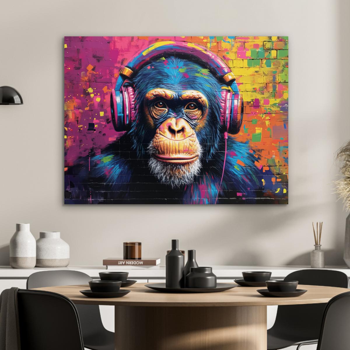 METALLBILD Graffiti - Schimpanse - Straßenkunst - Kopfhörer - Affe 80x60 cm - Blau, Metall (80/60cm) - MuchoWow