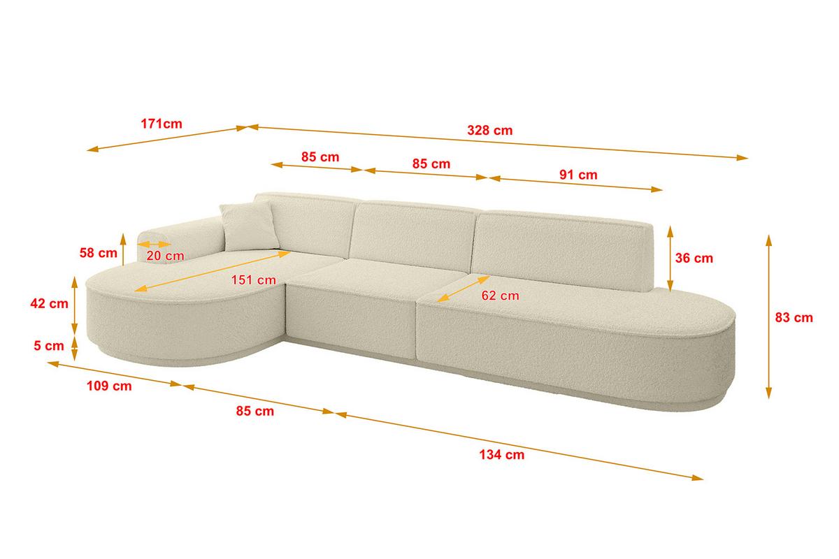 ECKSOFA Ottomane Links MARI-L2-v3 - 328x171x83 cm Beige Bouclé - Beige/Schwarz, Holzwerkstoff/Kunststoff (328/171cm) - ALTDECOR