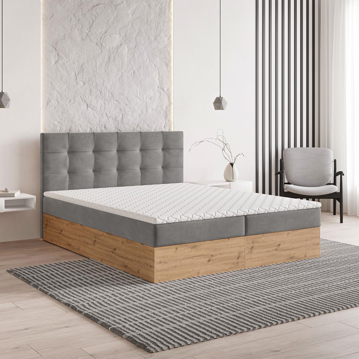 BOXBETT MOLVEN 160x200 cm mit Matratze und Topper - Grau - Grau, Holz (160/200cm) - MASSENO