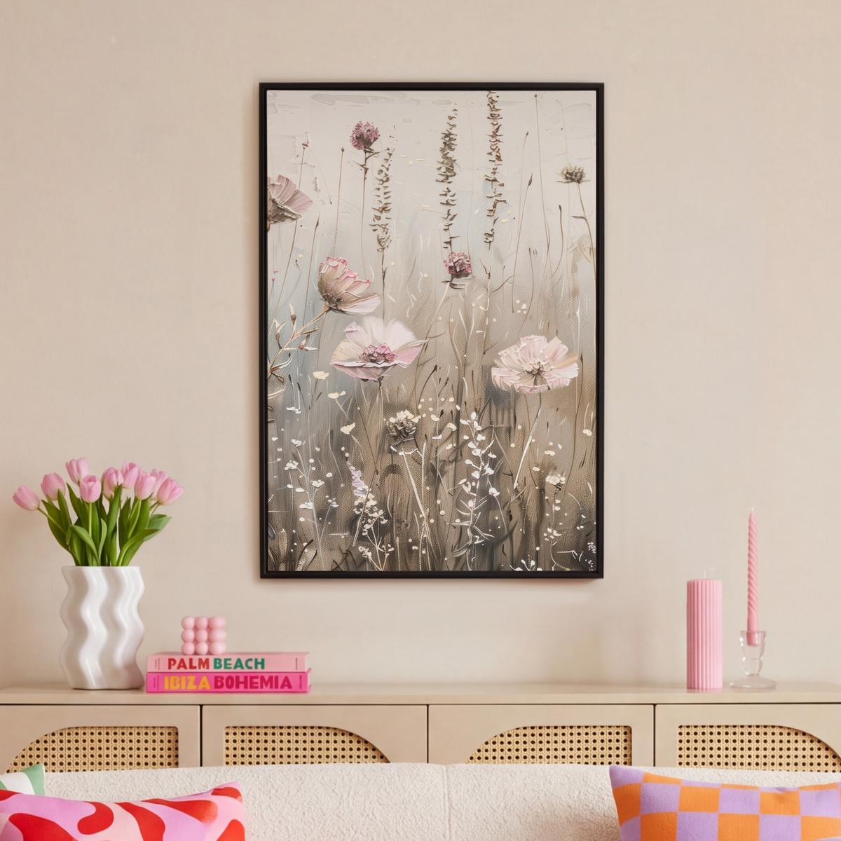 LEINWAND Bilder mit Rahmen - Blumen - Rosa - Modern - Beige - 60x90 - Beige, Textil (60/90cm) - MuchoWow
