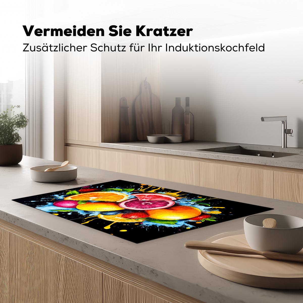 HERDABDECKPLATTE Obst - Graffiti - Bunt - Orange - Erdbeere - Abstrakt Ceranfeldabdeckung 80x52 cm - Orange, Kunststoff (80/52/0.2cm) - MuchoWow
