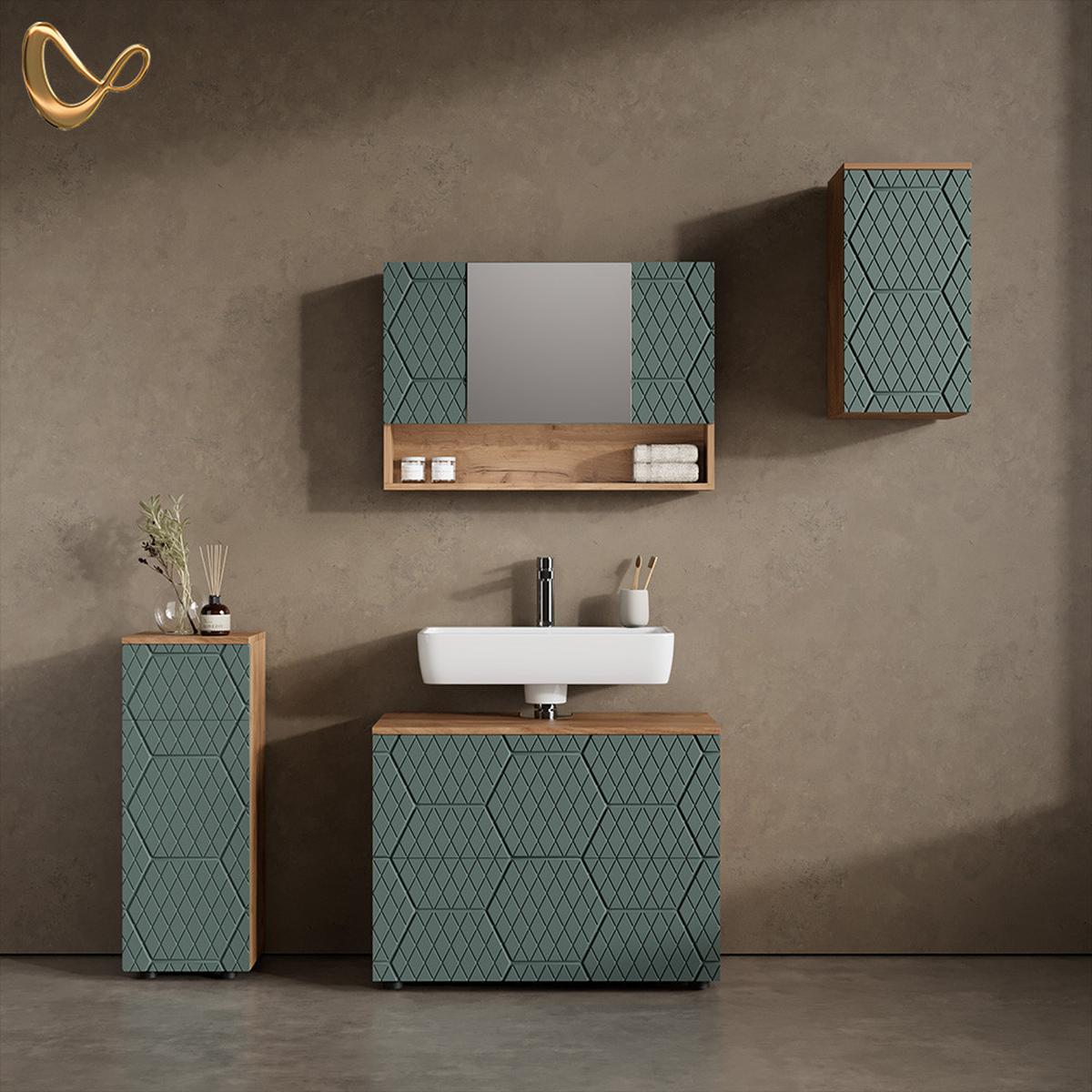 BADMÖBEL-SET Ronco Grün/Goldkraft Eiche 4 Teile - Honigeiche/Grün, Holzwerkstoff (80/58/41cm) - Livinity®