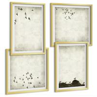 BILDER SET 4er Set - 50x50 cm & 40x60 cm Goldrahmen - Minimalistische Vogelmalerei - Goldfarben, Kunststoff (50/50cm) - TULUP