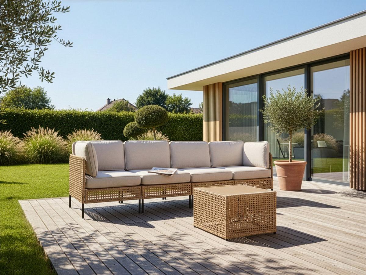 GARTENSOFA mit Tisch 4-Sitzer modular Polyrattan Hellbeige Omegana - Beige/Schwarz, Kunststoff (276/80/68cm) - Beliani