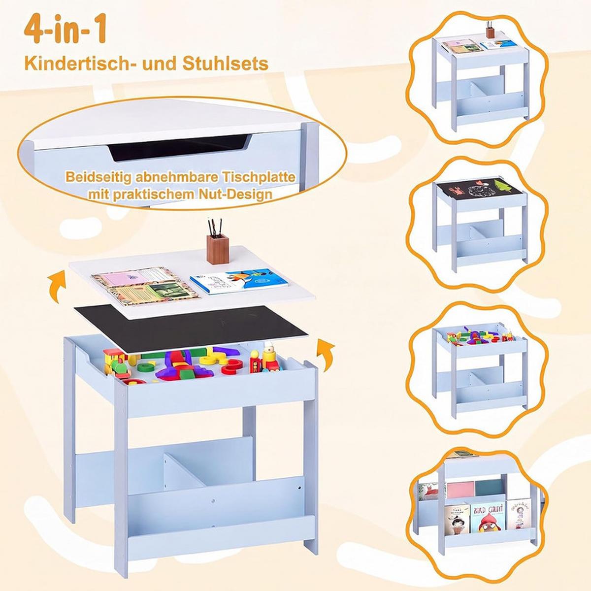 KINDERTISCH mit Stuhl blau(3-tlg) - Blau, Holzwerkstoff (62/56.5/62cm) - COSTWAY