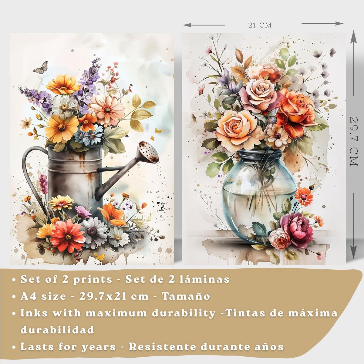 POSTER 2er Set Blumen-Wandbilder Rosen in Vase Botanisches Aquarell Bunt Küche Wohnzimmer Wanddeko Rahmenlos A4 - Beige, Papier (29.7/1/21cm) - Nacnic