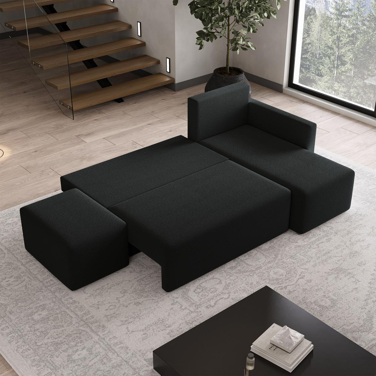 ECKSOFA VELOTTI R-S Schwarz Boucle-Stoff mit Schlaffunktion - Schwarz, Holz (261/143cm) - MASSENO