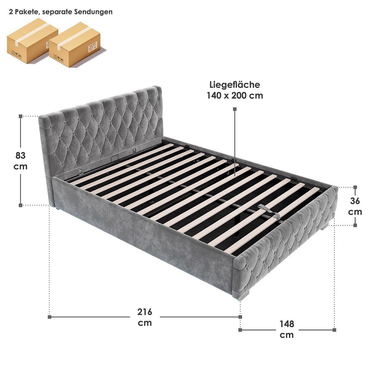 POLSTERBETT Nizza Dunkelgrau 140x200 cm mit Bettkasten und LED - Dunkelgrau, Holzwerkstoff (140/200cm) - Juskys