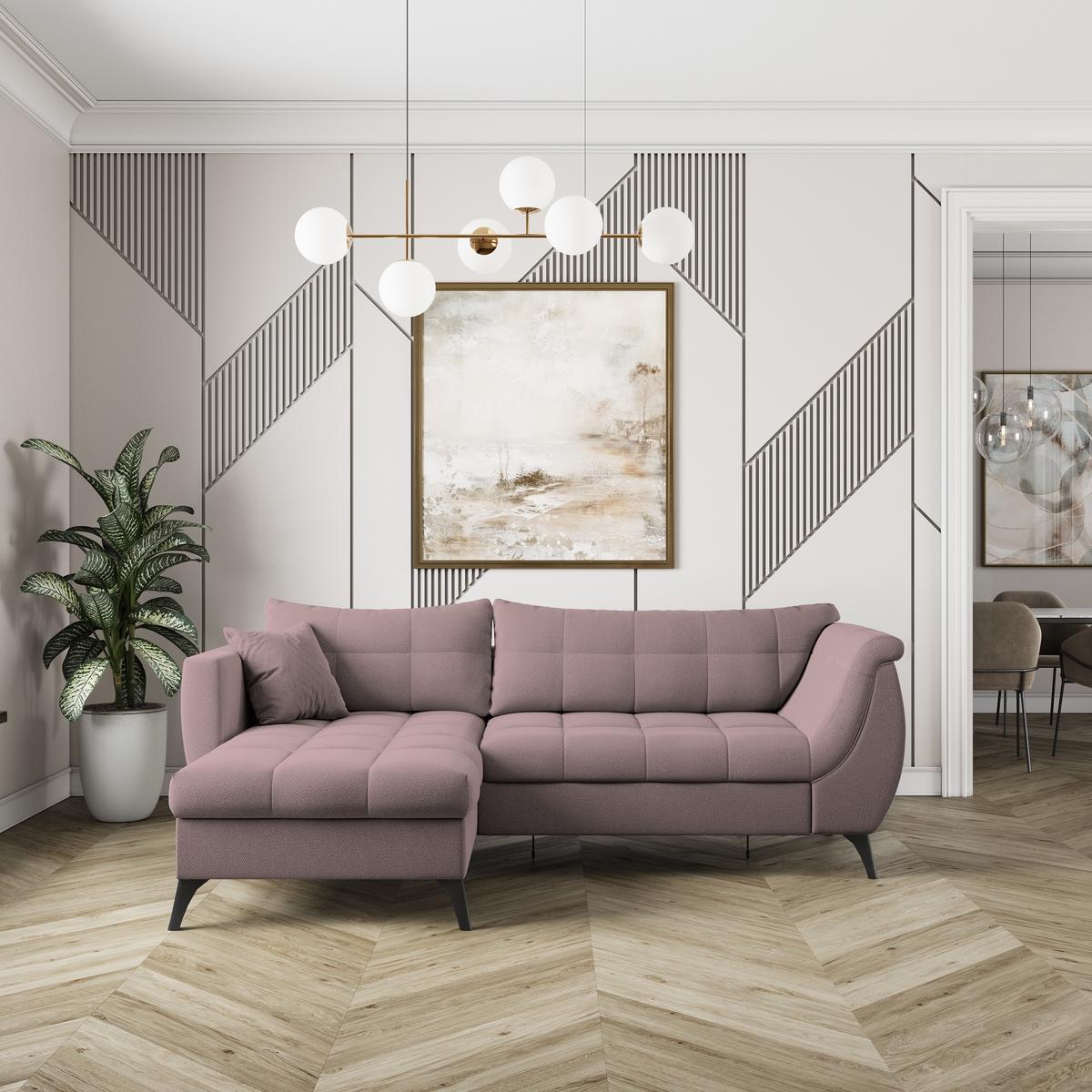 ECKSOFA MOLLIS Rosa Geflochtener-Stoff mit Schlaffunktion - Rosa, Holz (241/154cm) - MASSENO