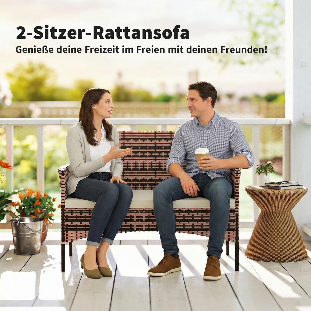 GARTENBANK aus PE-Rattan mit Auflage, Khaki - Beige/Braun, Textil/Metall (63/85/115cm) - Outsunny