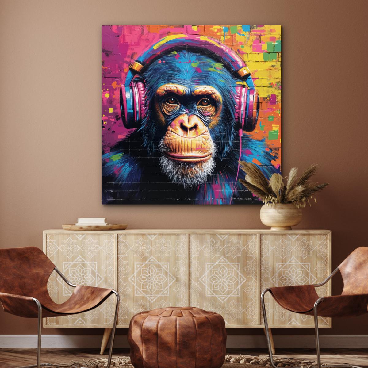 METALLBILD Graffiti - Schimpanse - Straßenkunst - Kopfhörer - Affe 90x90 cm - Blau, Metall (90/90cm) - MuchoWow