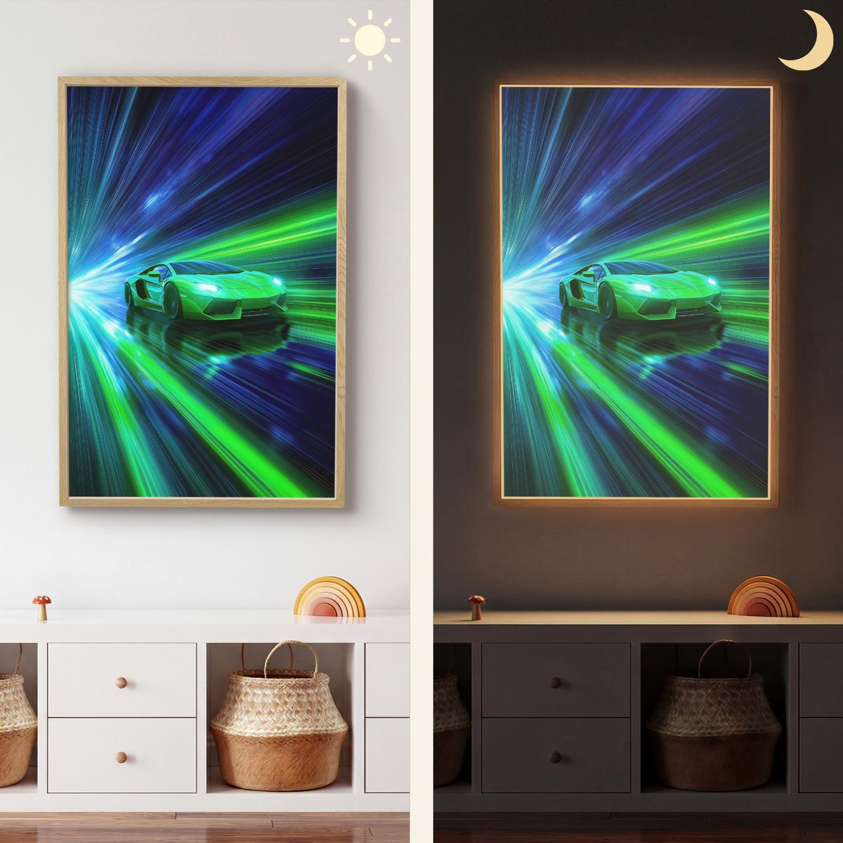 WANDLEUCHTE MIT AKKU Geschwindigkeit - Leicht - Sportwagen - Grün 70x100 cm - Grün, Holzwerkstoff (70/100/8cm) - OnlyWow