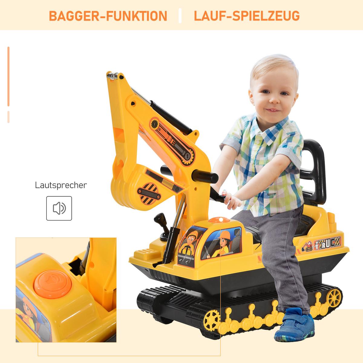 KINDER Sitzbagger Sandbagger für Kinder mit Schaufel, Hupe für 1,5-4 Jahre - Gelb, Kunststoff (78/24/58.5cm) - HOMCOM