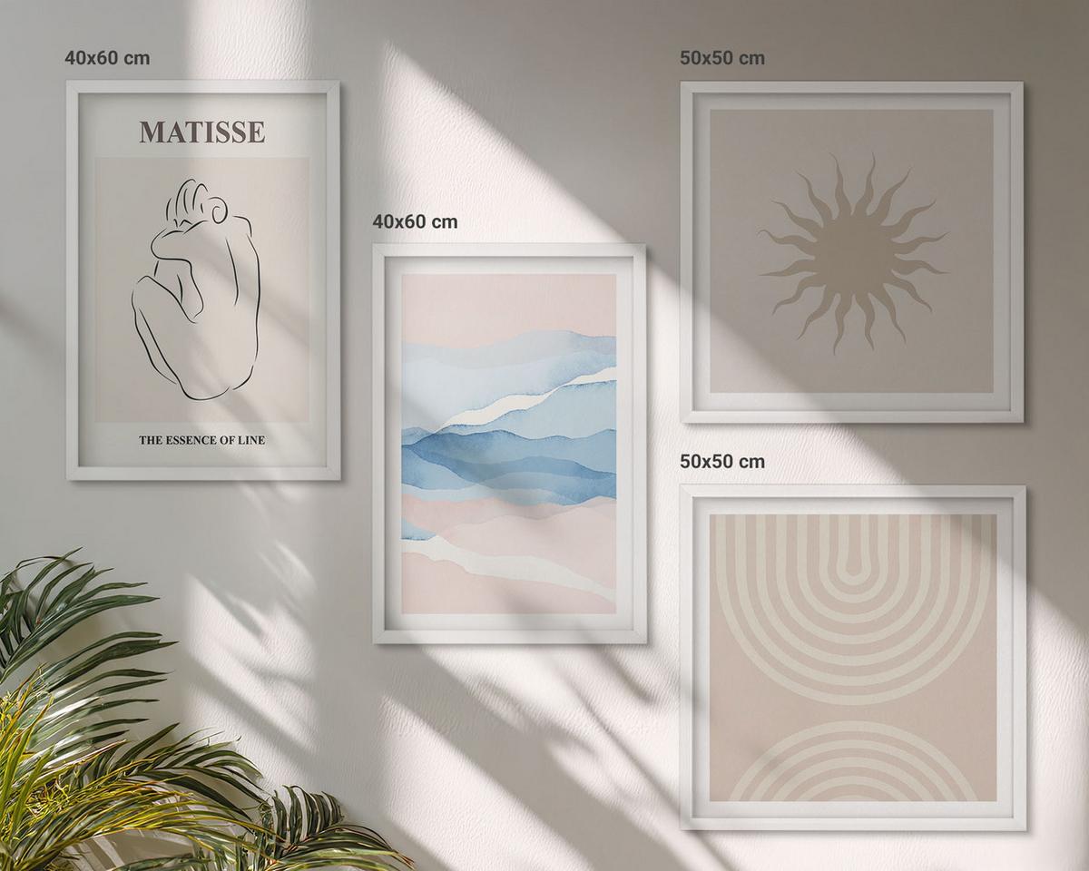 BILDER SET 4er Set - 50x50 cm & 40x60 cm Weißer Rahmen - Linien, Wellen, Pastellfarben, minimalistisch - Weiß, Kunststoff (50/50cm) - TULUP