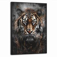 LEINWAND Bilder mit Rahmen - Tiger - Tiere - Porträt - Luxus - Schwarz - 50x70 - Braun, Textil (50/70cm) - MuchoWow