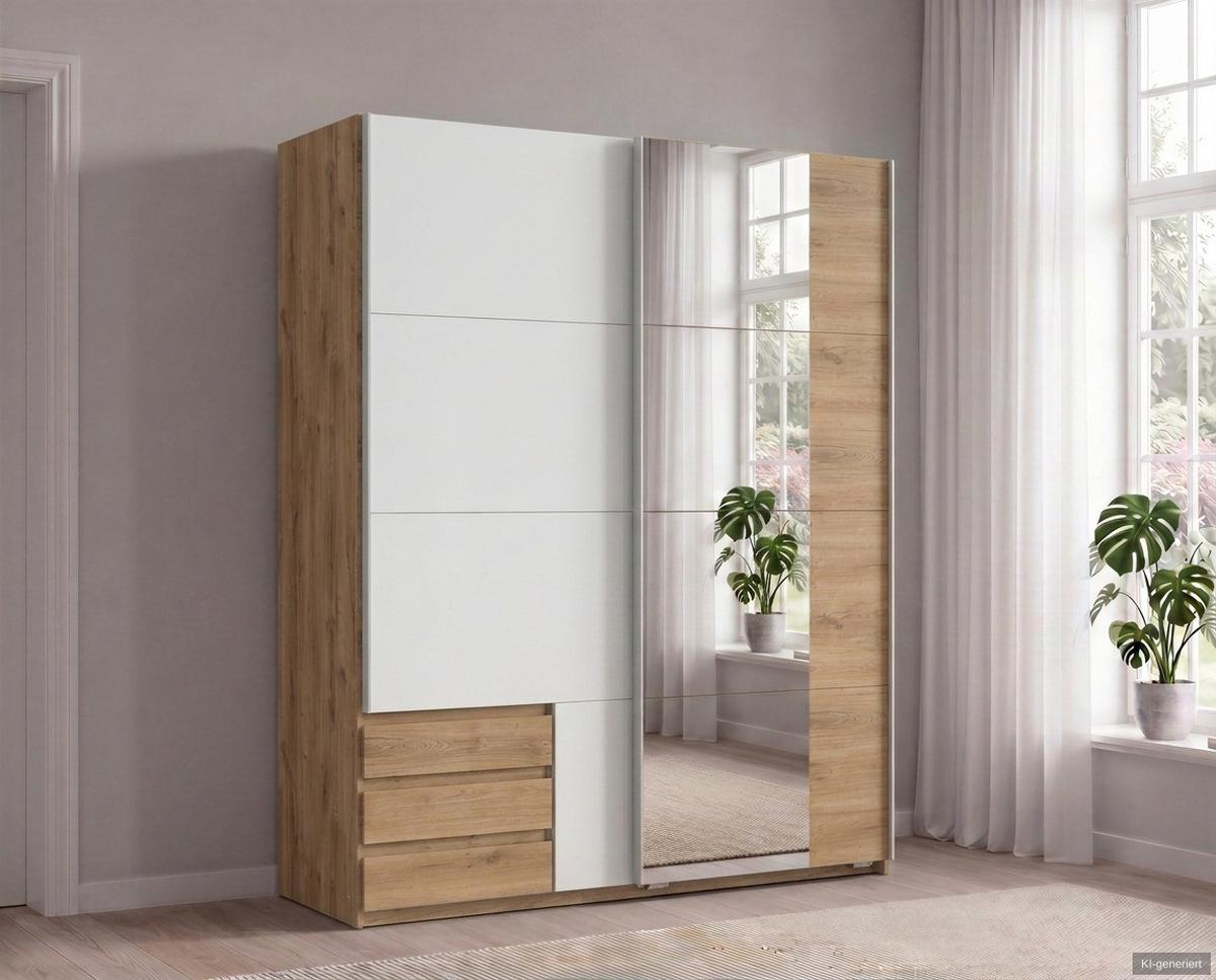 SCHWEBETÜRENSCHRANK 2-türig B135/H198/T65 cm, Kleiderschrank mit Spiegel & sichtbaren Schubkästen in Eiche Dekor, 1x Tür in Weiß / 22677 - Eichefarben/Alufarben, Holz/Holzwerkstoff (135/198/65cm) - luma-home