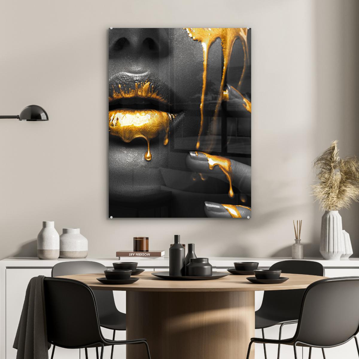 ACRYLGLASBILD Frau - Schwarz - Gold - Gesicht - Lippen 60x80 cm - Goldfarben, Glas (60/80cm) - MuchoWow
