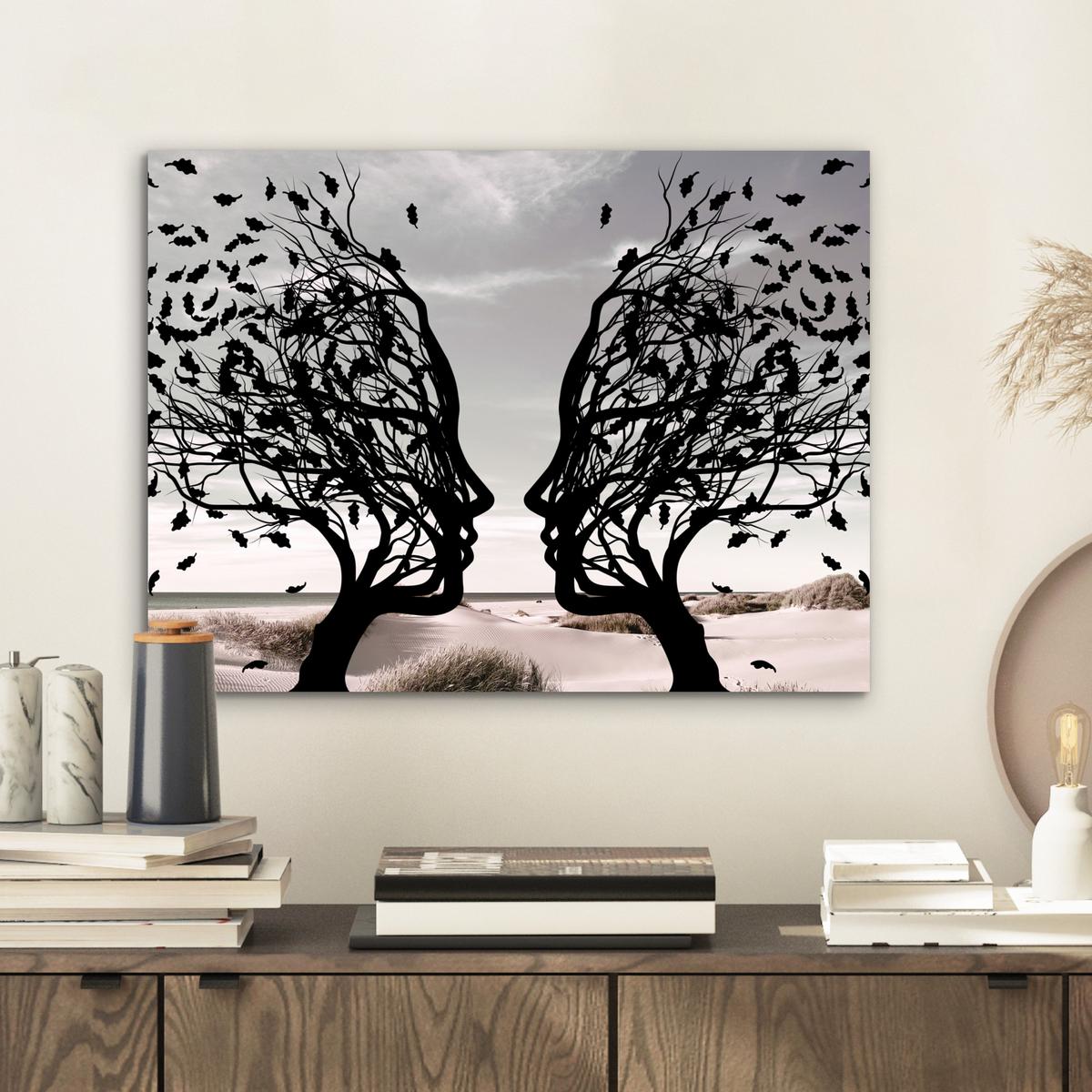 METALLBILD Strand - Meer - Menschen - Baum - Moderne Kunst 40x30 cm - Hellgrau, Metall (40/30cm) - MuchoWow